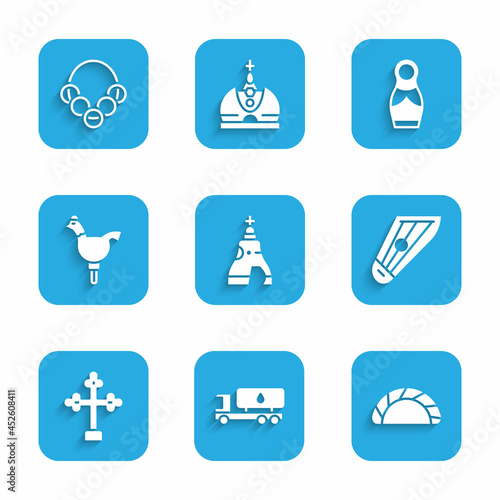 Set The Tsar bell, Tanker truck, Dumpling, Kankles, Christian cross, Cockerel lollipop, Russian doll matryoshka and bagels icon. Vector