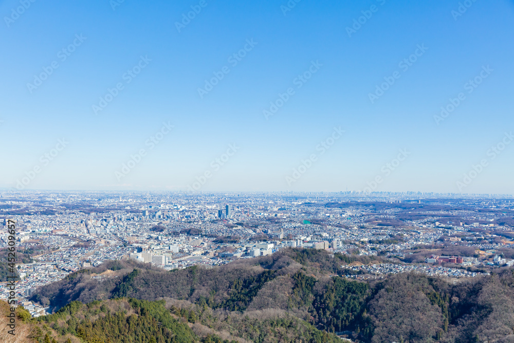 blue sky and cityscape of central tokyo seen from autumn takao mauntain in tokyo, japan