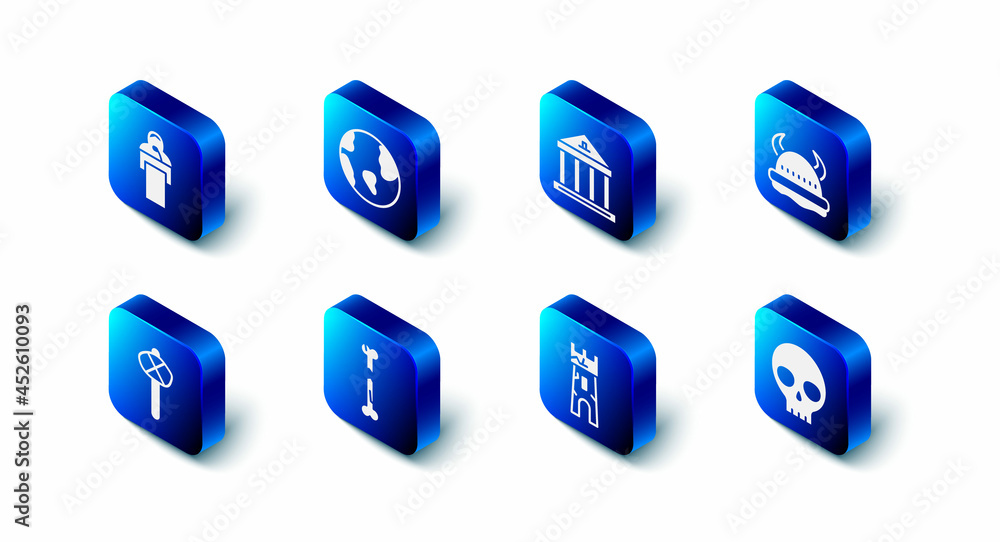 Naklejka premium Set Earth globe, Museum building, Viking horned helmet, Human skull, Castle tower, broken bone, Stone age hammer and Gives lecture icon. Vector