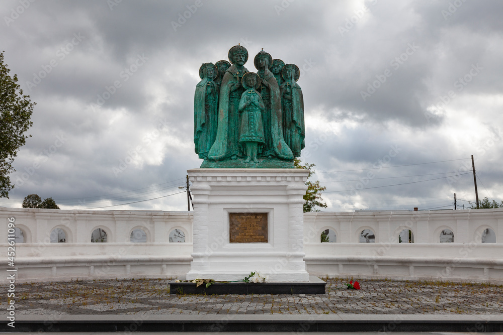 Godenovo, Russia - August 13, 2021: Monument to the family of the last Russian emperor Nicholas II shot by the Bolsheviks