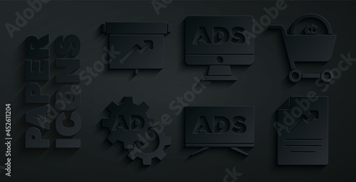 Set Advertising, Shopping cart and dollar, Document with graph chart, and Board icon. Vector