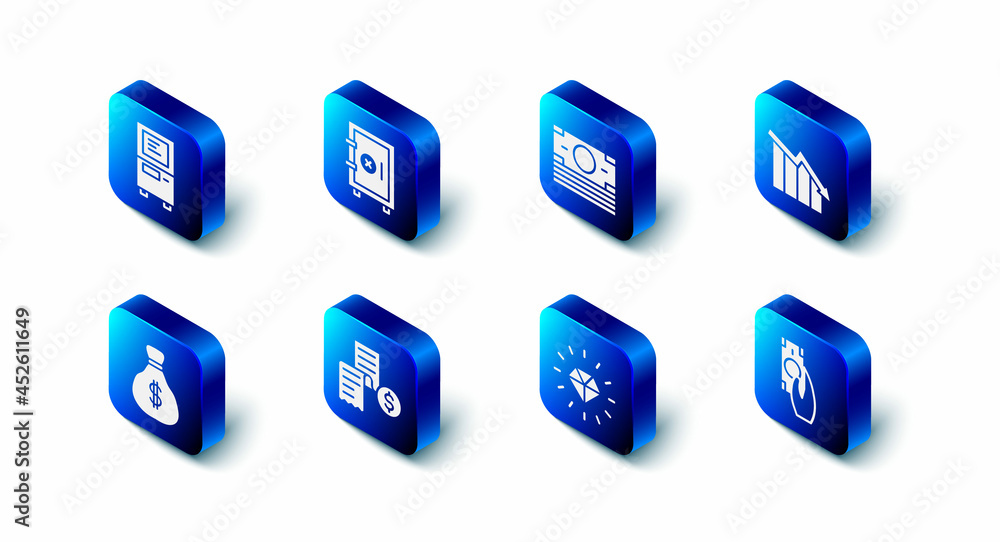 Set Safe, Stacks paper money cash, Financial growth decrease, Fast payments, Diamond, Paper or financial check, Money bag and ATM icon. Vector Set Safe, Stacks paper money cash, Financial growth decrease, Fast payments, Diamond, Paper or financial check, Money bag and ATM icon. Vector