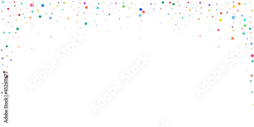 Watercolor confetti on white background. Adorable rainbow colored dots. Happy celebration wide colorful bright card. Modern hand painted confetti.