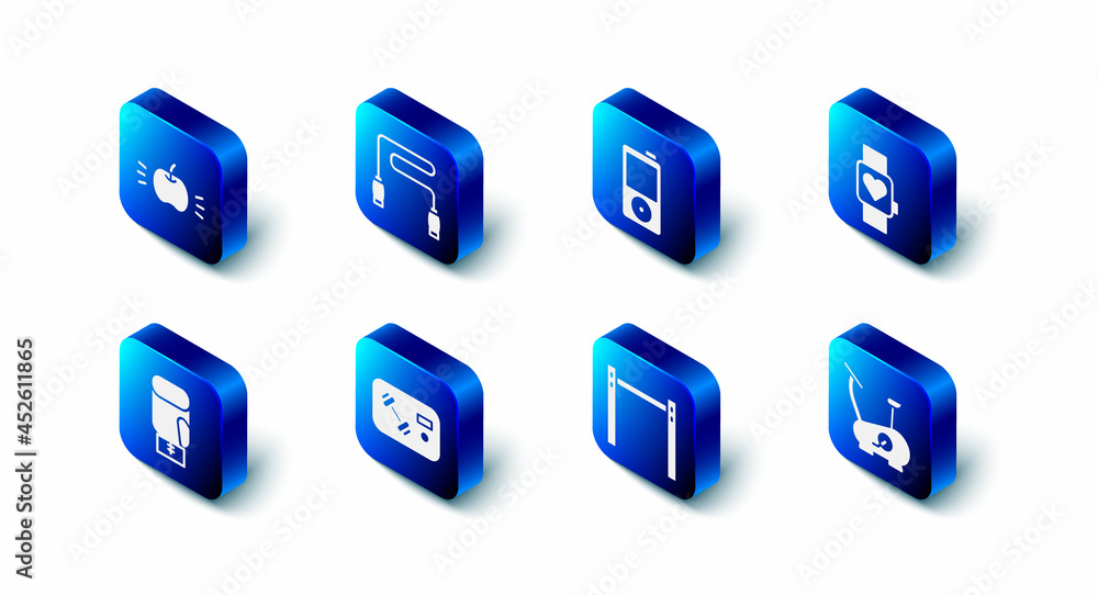 Set Jump rope, Music player, Smart watch, Stationary bicycle, Horizontal bar, Fitness club, gym card, Boxing glove and Apple icon. Vector Set Jump rope, Music player, Smart watch, Stationary bicycle, Horizontal bar, Fitness club, gym card, Boxing glove and Apple icon. Vector