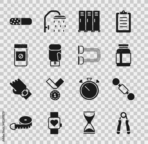 Set Sport expander, Dumbbell, Sports nutrition, Locker changing room, Boxing glove, Anabolic drugs, Vitamin pill and Chest icon. Vector