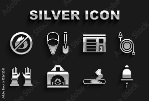 Set Interior fireplace, Fire hose reel, Ringing alarm bell, Cigarette, Firefighter gloves, Building of station, No and shovel and bucket icon. Vector
