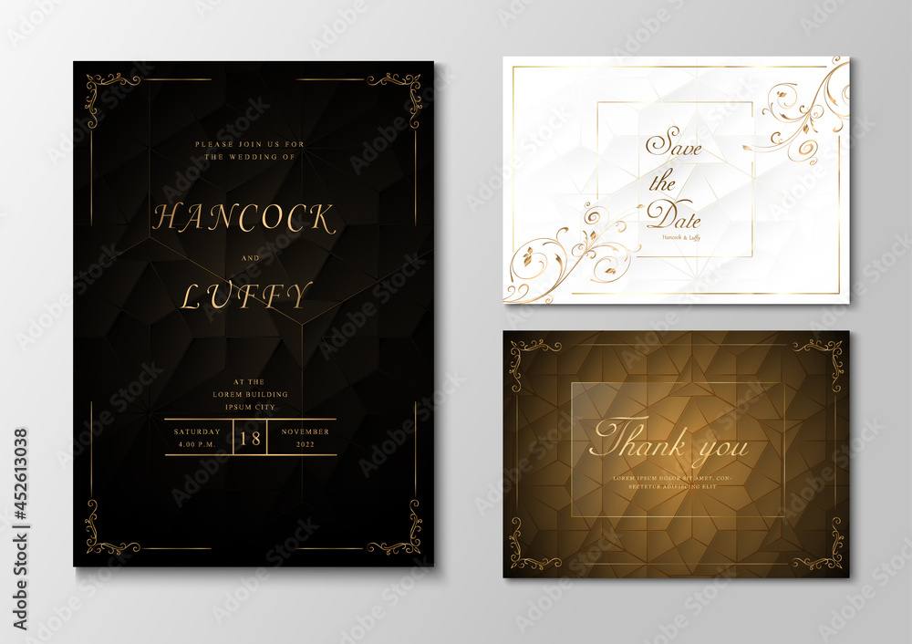  Luxury wedding invitation card template black, white and gold background elegant with geometric design