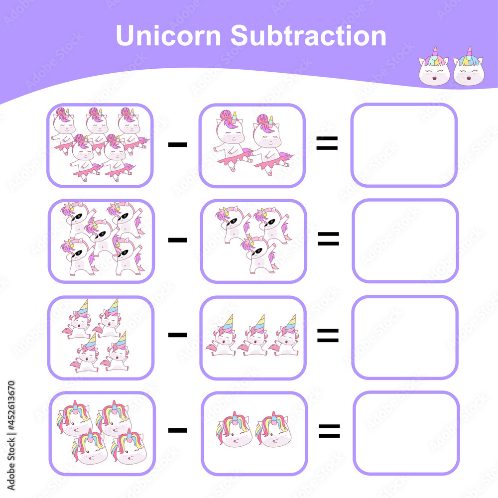Unicorn Subtraction Math Game for Preschool. Counting Game Worksheet for Children. Educational printable math worksheet. Additional math games for kids. Vector illustration. 