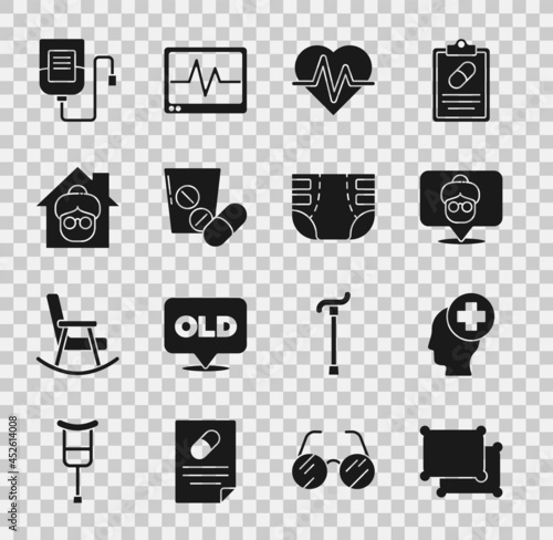 Set Pillow, Male head with hospital, Nursing home, Heart rate, Medicine pill or tablet, IV bag and Adult diaper icon. Vector
