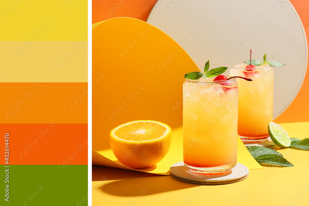 Fototapeta premium Glasses of tasty summer cocktail on table. Different color patterns