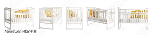 Set of baby crib isolated on white, view from different angles photo