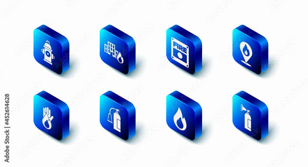 Set Fire in burning buildings, alarm system, Location with fire flame, extinguisher, No and hydrant icon. Vector Set Fire in burning buildings, alarm system, Location with fire flame, extinguisher, No and hydrant icon. Vector