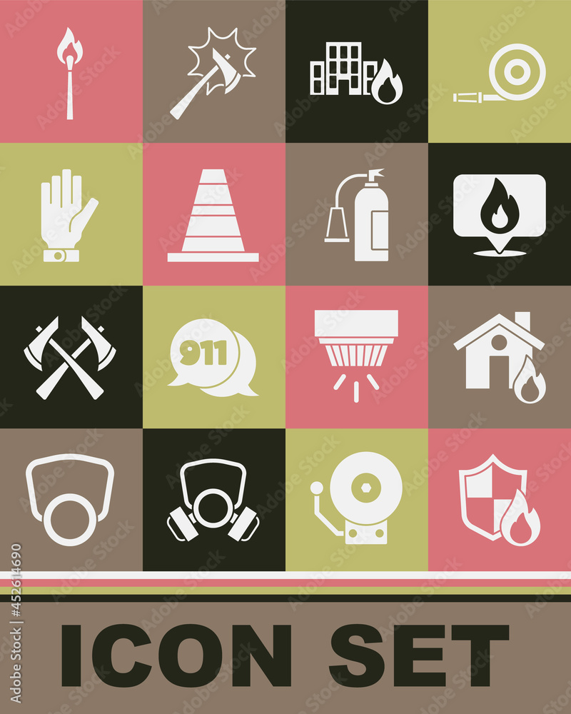 Set Fire protection shield, in burning house, Location with fire flame, buildings, Traffic cone, Firefighter gloves, Burning match and extinguisher icon. Vector Set Fire protection shield, in burning house, Location with fire flame, buildings, Traffic cone, Firefighter gloves, Burning match and extinguisher icon. Vector