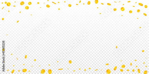 Bitcoin, internet currency coins falling. Likable scattered BTC coins. Cryptocurrency, digital money. Divine jackpot, wealth or success concept. Vector illustration.