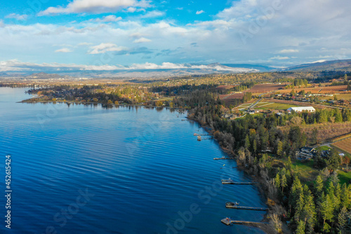 カナダ、ブリティッシュコロンビア州、ケロウナのワイナリーがある湖畔をドローンで撮影した風景 A drone view of the lakeside with wineries in Kelowna, British Columbia, Canada.