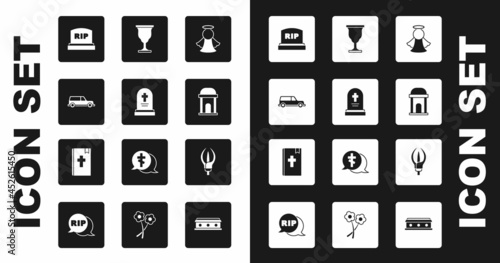 Set Angel, Grave with tombstone, Hearse car, Tombstone RIP written, Old crypt, Christian chalice, Lily flower and Holy bible book icon. Vector