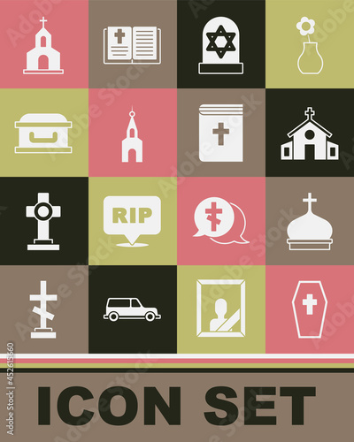 Set Coffin with cross, Church tower, building, Grave star david, and Holy bible book icon. Vector
