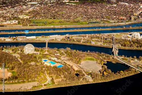 Aerial view of the Jean-Drapeau park and the Biosphere (the US pavilion at the Expo 67), in Montreal, Canada. photo