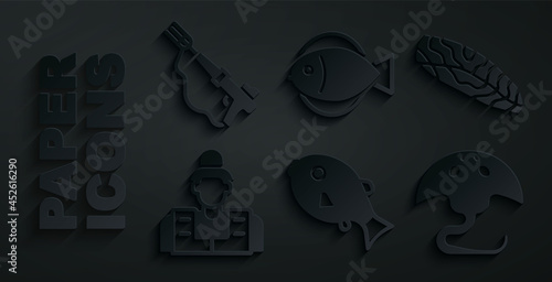 Set Tropical fish, Fish steak, Fisherman, Stingray, and Fishing harpoon icon. Vector