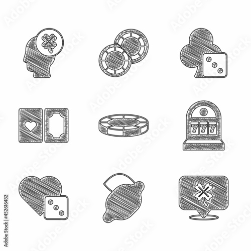 Set Casino chips, slot machine with lemon, clover, Slot jackpot, Game dice, Deck of playing cards, and icon. Vector