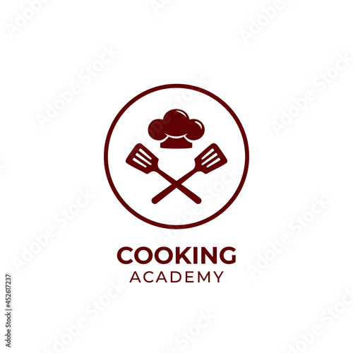 Cooking academy logo template, chef school course logo icon with spatula and chef hat