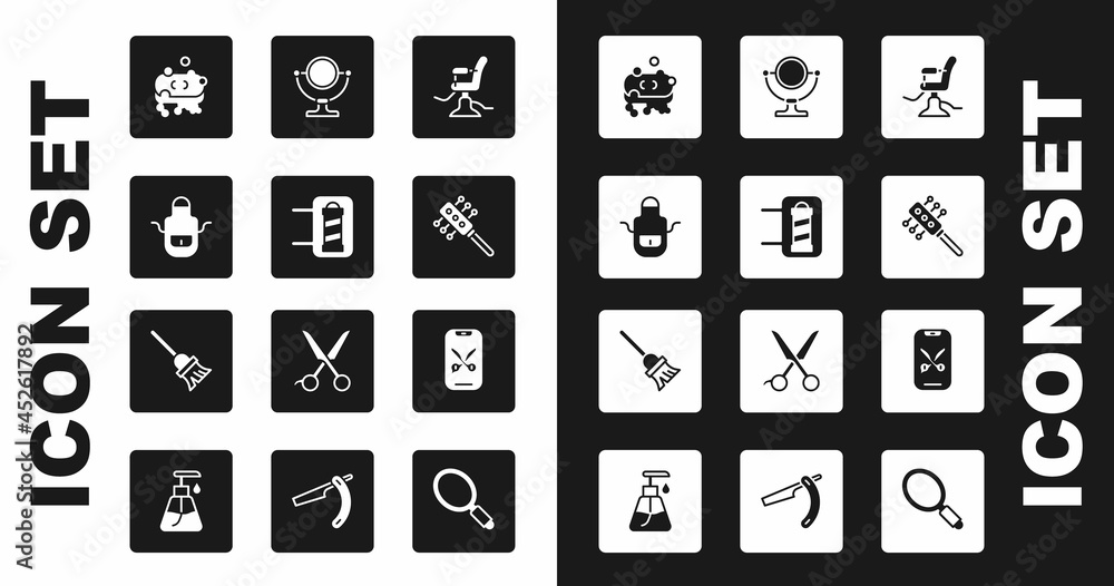 Set Barbershop chair, pole, apron, of soap with foam, Hairbrush, Round makeup mirror, online service platform and Mop icon. Vector Set Barbershop chair, pole, apron, of soap with foam, Hairbrush, Round makeup mirror, online service platform and Mop icon. Vector