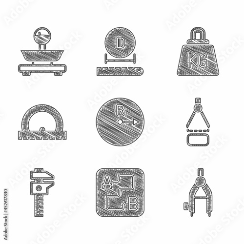 Set Radius, Route location, Drawing compass, Calliper or caliper and scale, Protractor, Weight and Scales icon. Vector