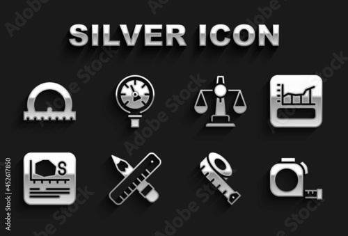 Set Crossed ruler and pencil, Graph, schedule, chart, diagram, Roulette construction, Measuring tape, Area measurement, Scales of justice, Protractor and Pressure water meter icon. Vector