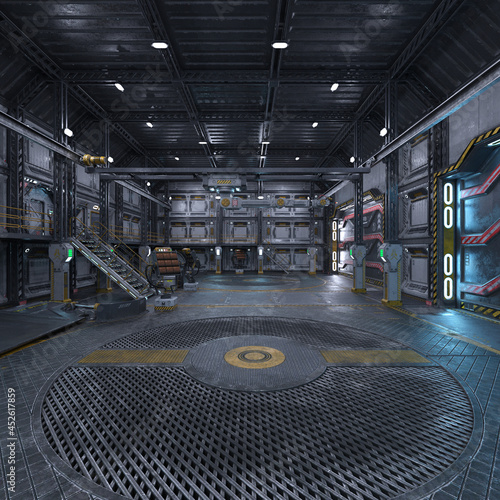 3D-illustration of a load room in a science fiction starship
