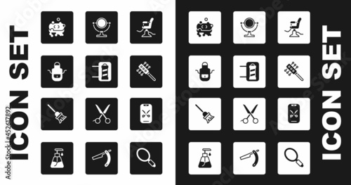 Set Barbershop chair, pole, apron, of soap with foam, Hairbrush, Round makeup mirror, online service platform and Mop icon. Vector