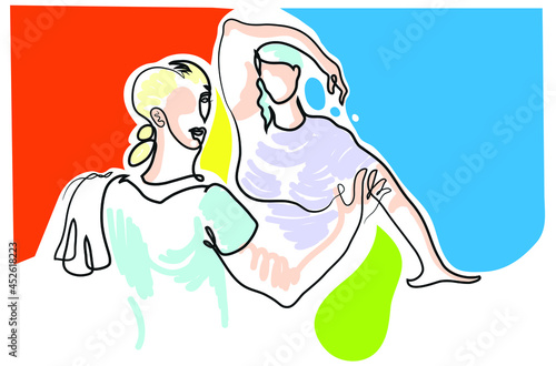 One line drawing of  woman getting neck and shoulders massage by female masseur.
One continuous line drawing of female masseur concept.