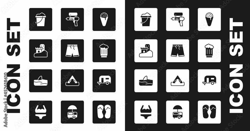Set Ice cream in waffle cone, Swimming trunks, Sand castle, bucket, Wooden beer mug, Water gun, Rv Camping trailer and Shark fin ocean wave icon. Vector Set Ice cream in waffle cone, Swimming trunks, Sand castle, bucket, Wooden beer mug, Water gun, Rv Camping trailer and Shark fin ocean wave icon. Vector