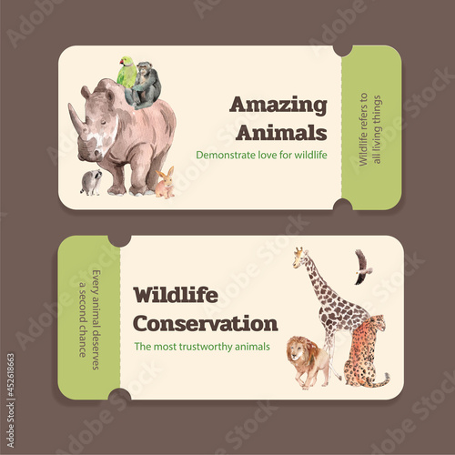 Ticket template with world animal day concept,watercolor style