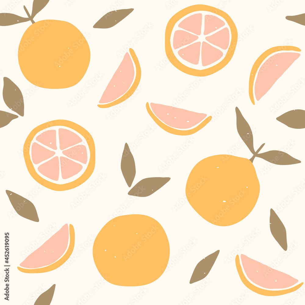 Seamless pattern with oranges and tangerines. Citrus fruits modern texture on white background. Abstract vector graphic illustration