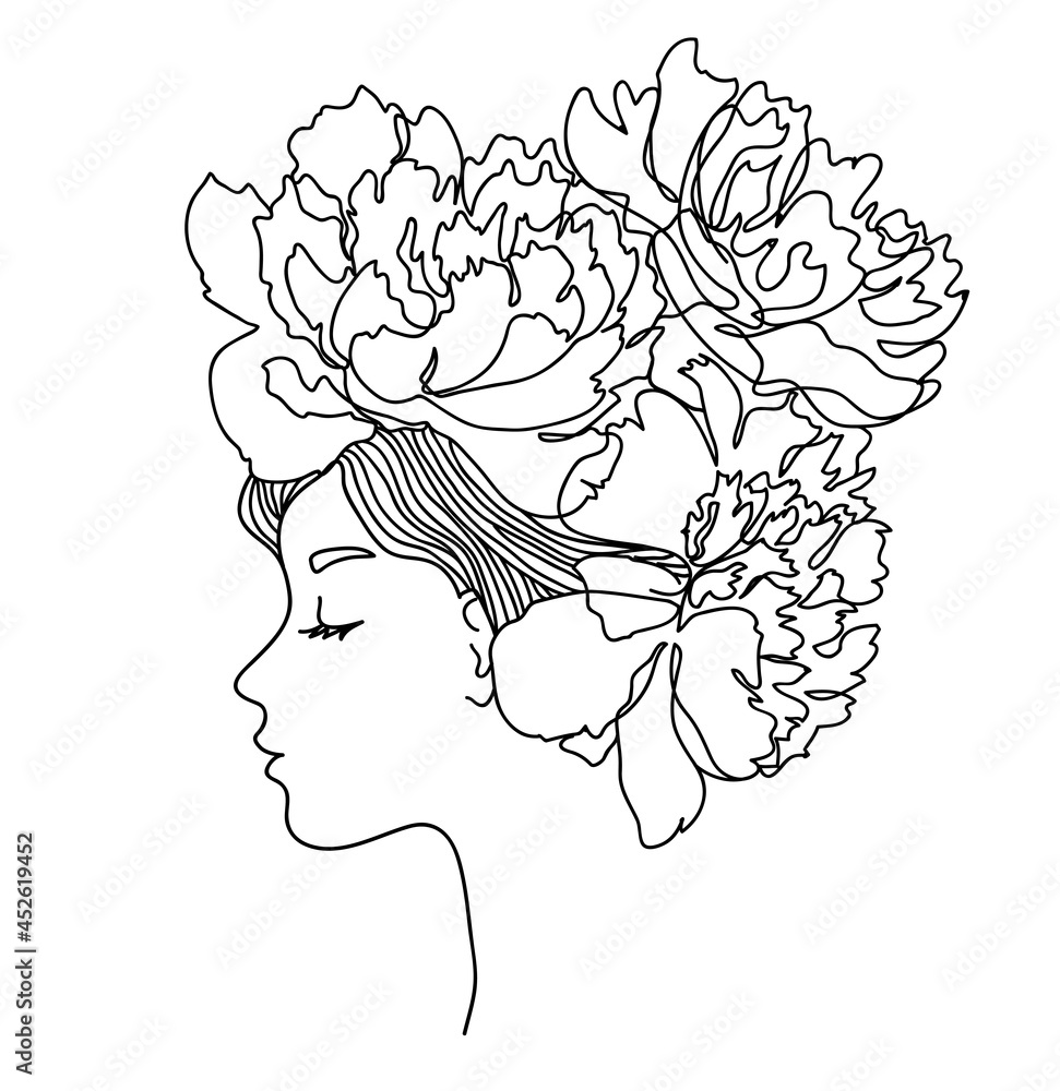 Woman profile with peony flowers in her hair. Portrait female beauty concept. Continuous line drawing vector illustration Woman profile with peony flowers in her hair. Portrait female beauty concept. Continuous line drawing vector illustration
