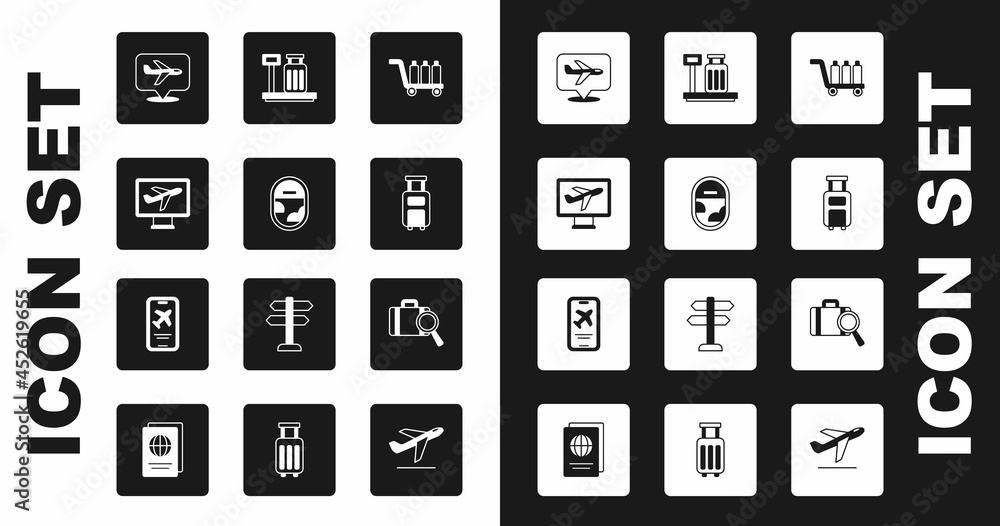 Set Trolley baggage, Airplane window, Plane, Suitcase, Scale with suitcase, Lost and Mobile ticket icon. Vector Set Trolley baggage, Airplane window, Plane, Suitcase, Scale with suitcase, Lost and Mobile ticket icon. Vector