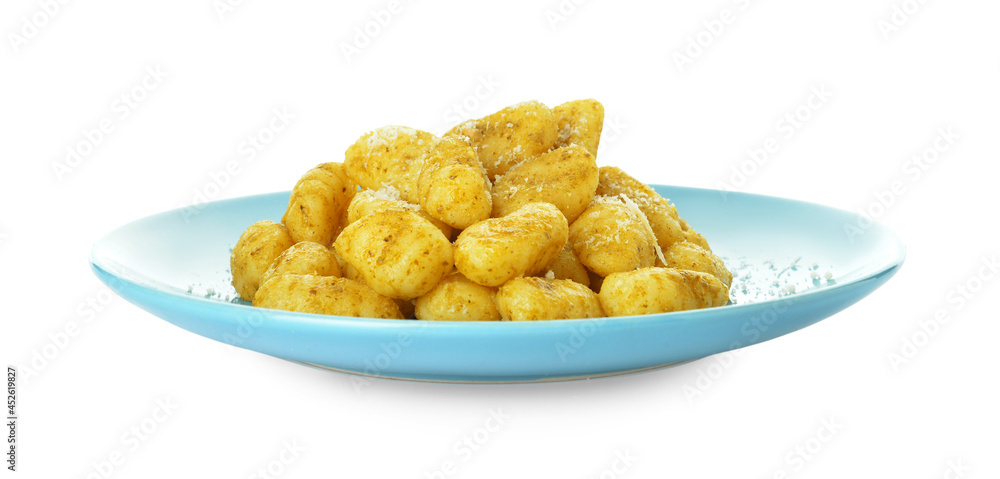 Plate with tasty pesto gnocchi on white background Plate with tasty pesto gnocchi on white background