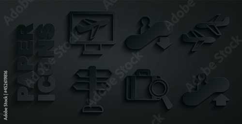 Set Lost baggage, Plane, Road traffic sign, Escalator up, down and icon. Vector