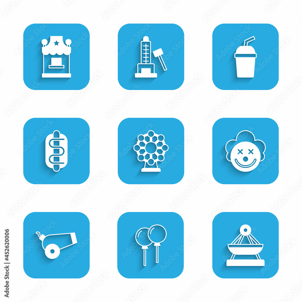 Set Ferris wheel, Balloons with ribbon, Boat swing, Clown head, Cannon, Hotdog sandwich, Paper glass water and Ticket box office icon. Vector Set Ferris wheel, Balloons with ribbon, Boat swing, Clown head, Cannon, Hotdog sandwich, Paper glass water and Ticket box office icon. Vector