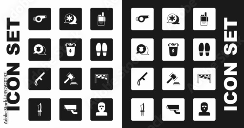 Set Walkie talkie, Police electric shocker, badge, Whistle, Footsteps, Hexagram sheriff, Crime scene and rubber baton icon. Vector