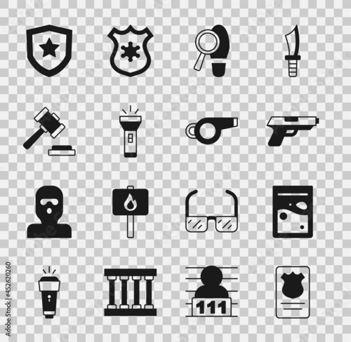 Set Police badge with id case, Plastic bag of drug, Pistol or gun, Footsteps, Flashlight, Judge gavel, and Whistle icon. Vector