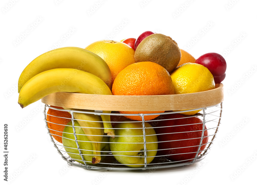Basket with fresh fruits on white background Basket with fresh fruits on white background