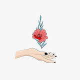 Kobieca dłoń trzymająca kwiat. Czerwony kwiat, gałązka i smukła dłoń z czarnym manicure. Elementy do wykorzystania na kartki z życzeniami, walentynki, spa, kosmetyki naturalne, eco produkty.