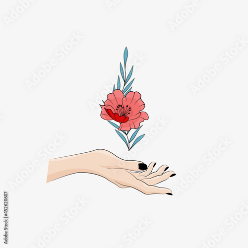Kobieca dłoń trzymająca kwiat. Czerwony kwiat, gałązka i smukła dłoń z czarnym manicure. Elementy do wykorzystania na kartki z życzeniami, walentynki, spa, kosmetyki naturalne, eco produkty.