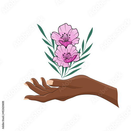 Kobieca dłoń trzymająca kwiaty. Różowy bukiet, zielone gałązki i smukła czarna dłoń. Elementy do wykorzystania na kartki z życzeniami, walentynki, spa, kosmetyki naturalne, eco produkty. Wektor.