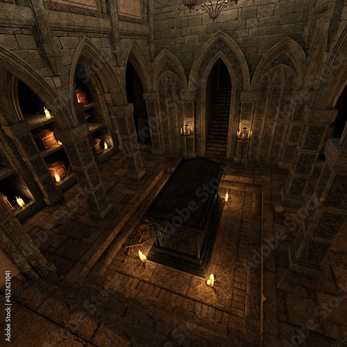 3d-illustration of a scary crypt with candles in a tomb