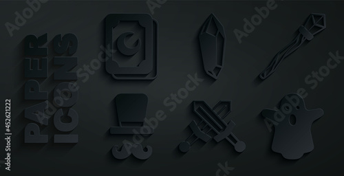Set Crossed medieval sword, Magic staff, Magician, Ghost, stone and Tarot cards icon. Vector