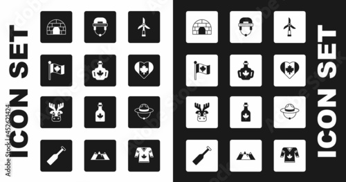 Set Wind turbine, Bottle of maple syrup, Flag Canada, Igloo ice house, Heart shaped flag, Hockey helmet, Canadian ranger hat and Deer head with antlers icon. Vector