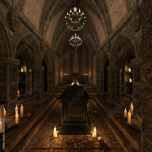 Billede på lærred 3d-illustration of a scary crypt with candles in a tomb