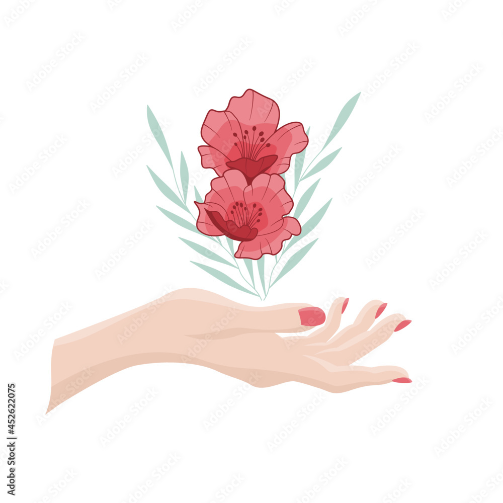Kobieca delikatna dłoń trzymająca kwiaty. Czerwony bukiet - peonie, zielone gałązki i smukła dłoń. Elementy do wykorzystania na kartki z życzeniami, walentynki, spa, kosmetyki naturalne, eco produkty. - obrazy, fototapety, plakaty 